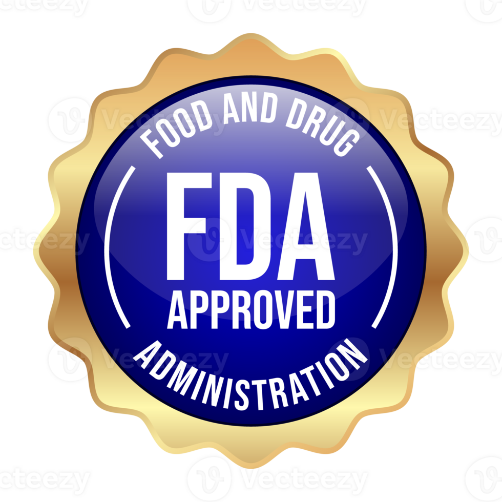 lustroso fda aprovado rótulo, carimbo, distintivo, selo, adesivo, marcação, vetor, Comida e droga administração distintivo, 3d realista crachá para cbd rótulo Projeto elementos png