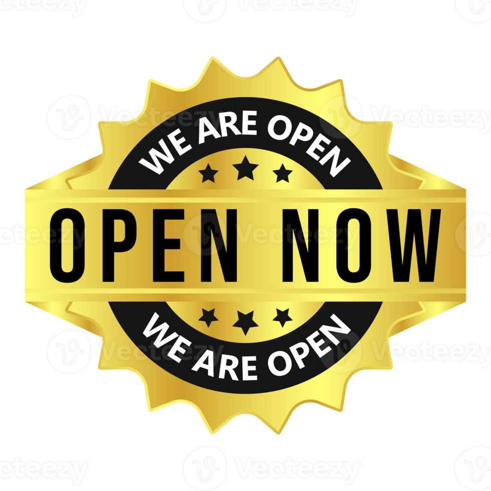 Open Now Rubber Stamp, Label, Emblem, Seal, Sticker, Patch, Banner, Design Element, 3D Realistic Shiny And Glossy Badge Design png