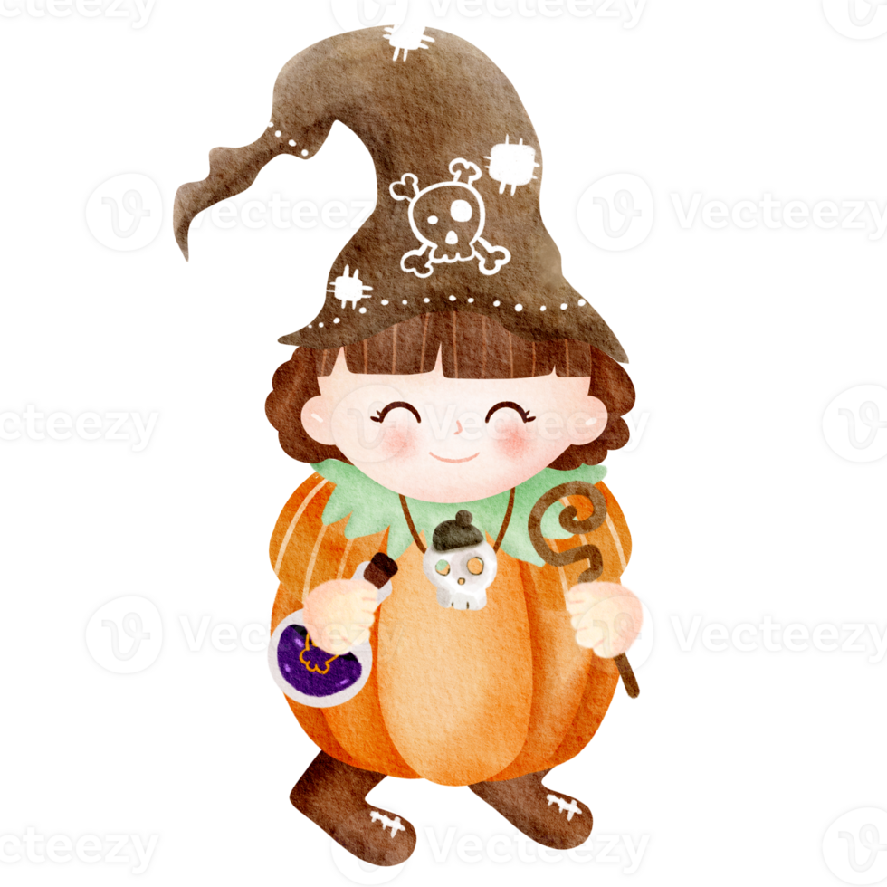 Cute Halloween element.digital painting watercolor girl.cartoon character hand drawn illustration.Halloween concept.design for texture,fabric,decoration,scrapbook,sticker,print template,clothing. png