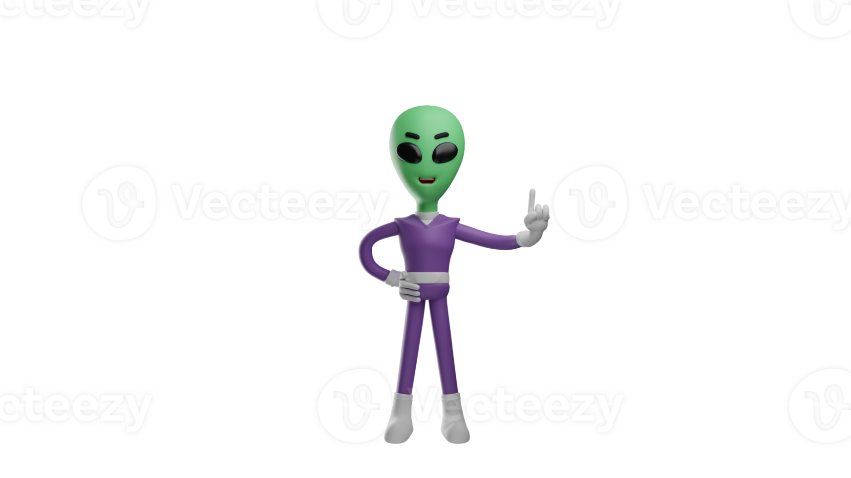 3D illustration. Charming Alien 3D cartoon character. The aliens pointed up. The alien seemed to be explaining something and put one hand on his waist. 3D cartoon character png