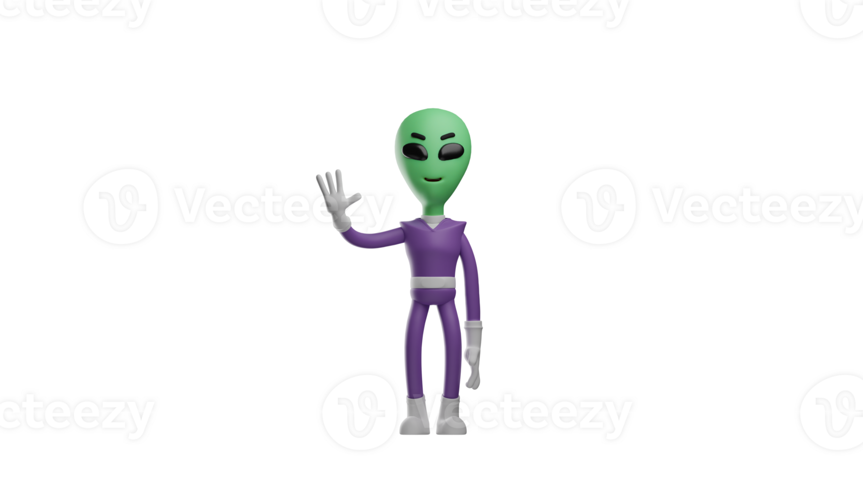 3D illustration. Cute Alien 3D cartoon character. The alien stands and faces forward. Alien waved to everyone he met. Alien wearing a purple costume. 3D cartoon character png