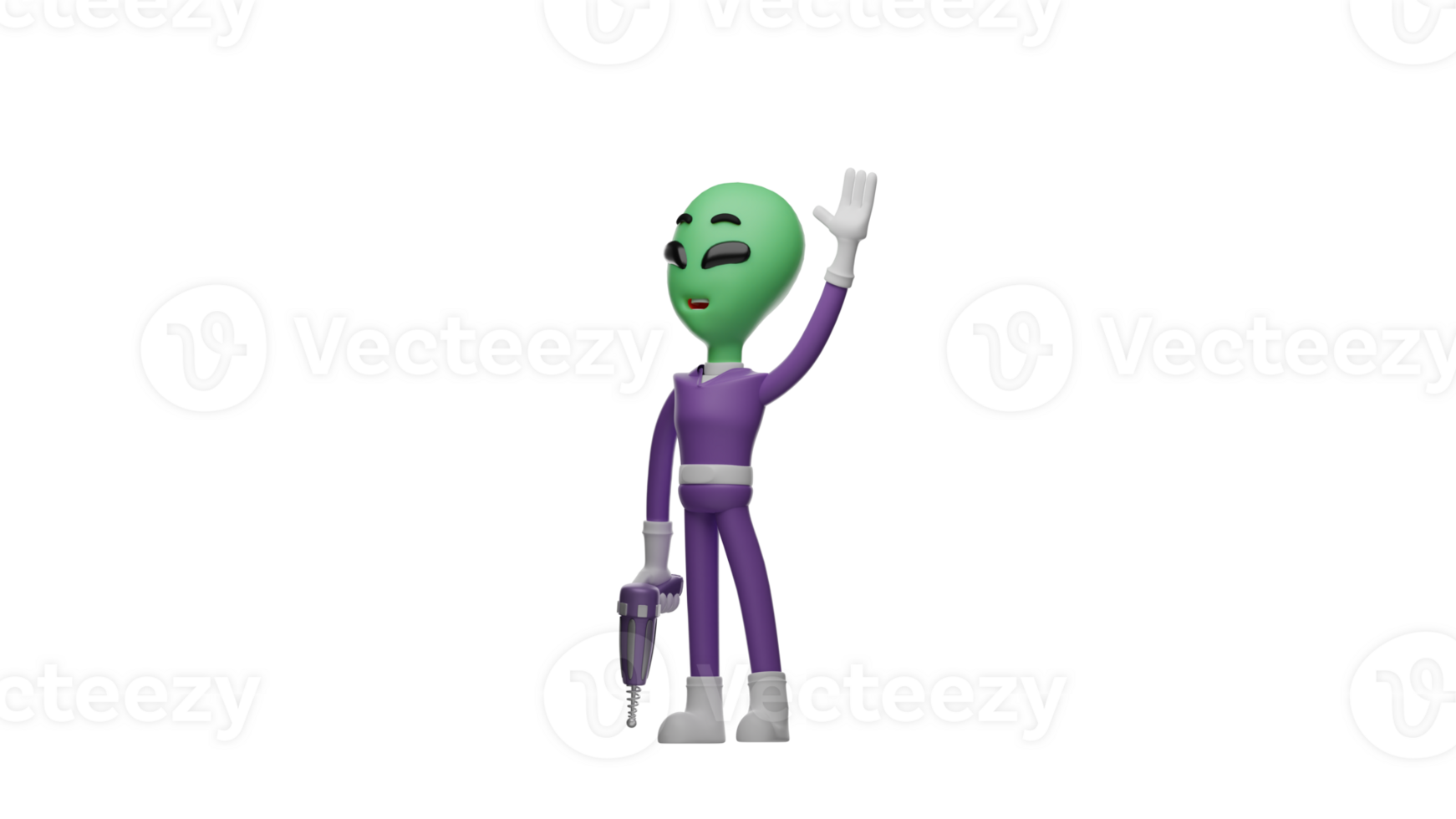 3D illustration. Green Alien 3D cartoon character. The alien waved one hand at someone. The alien carried his gun and showed a friendly smile. 3D cartoon character png