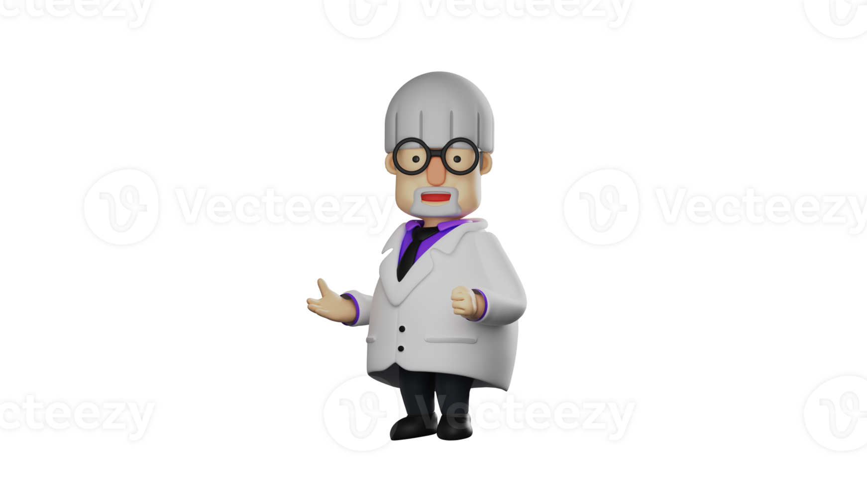 3D illustration. Smart Professor 3D cartoon character. Professor is explaining something. The Professor stands sideways and shows a pose of moving his arms. 3D cartoon character png