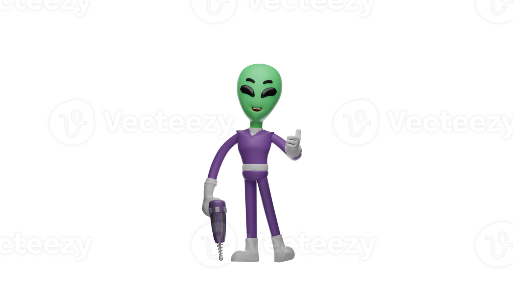 3D illustration. Cute Alien 3D cartoon character. Alien wearing a purple costume. Alien smiled and gave a thumbs up sign. The aliens bring drills. 3D cartoon character png