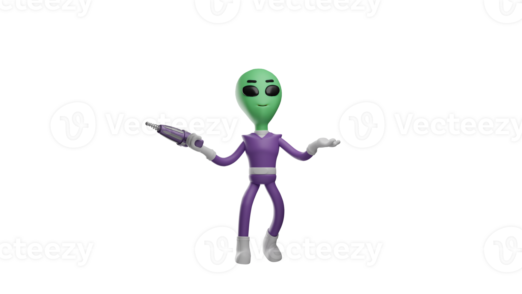 3D illustration. Confused Alien 3D cartoon character. The alien spread its arms. Alien brings the drill tool that he will use. The alien showed a confused expression. 3D cartoon character png