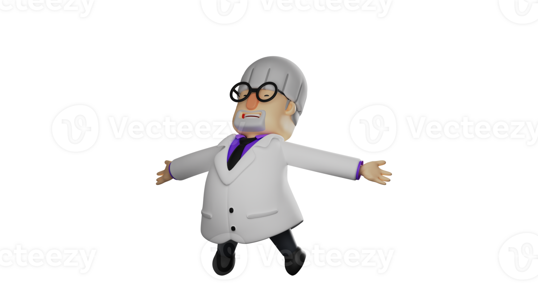 3D illustration. Cute Professor 3D cartoon character. Professor with a jumping pose and spread his arms. The old professor has finished his work. 3D cartoon character png