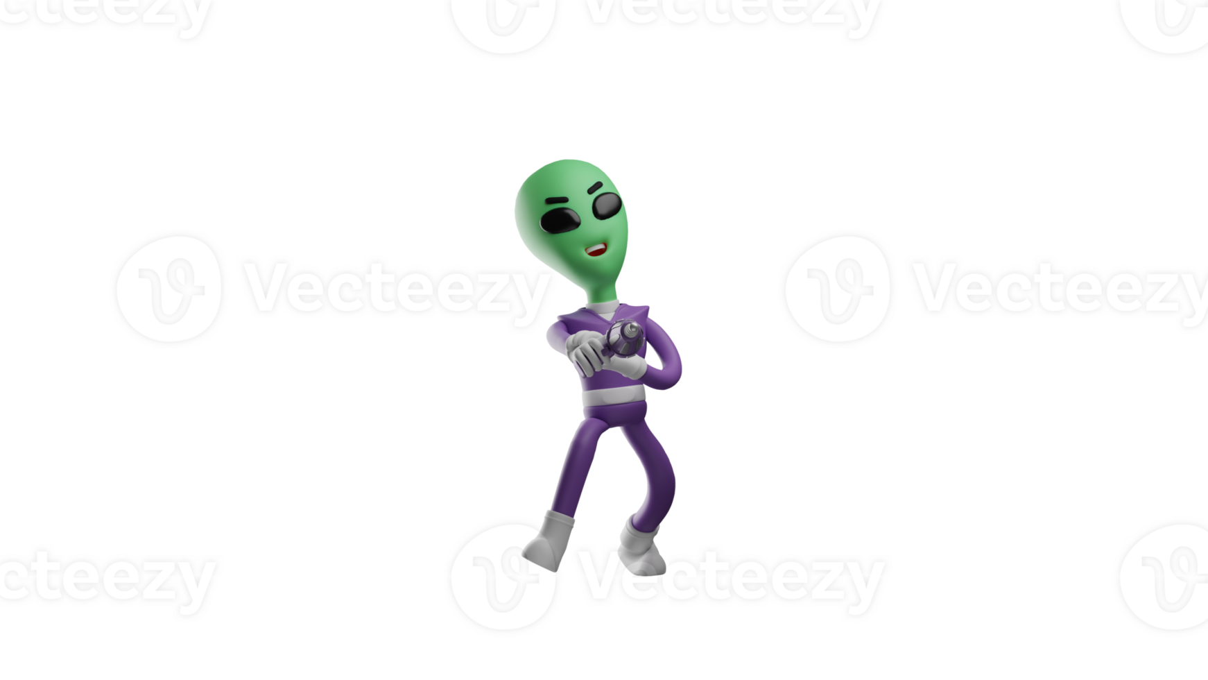 3D illustration. Happy Alien 3D cartoon character. The aliens was laughing at something in front of him. The alien laughed while holding its stomach and pointing its tool forward. 3D cartoon character png