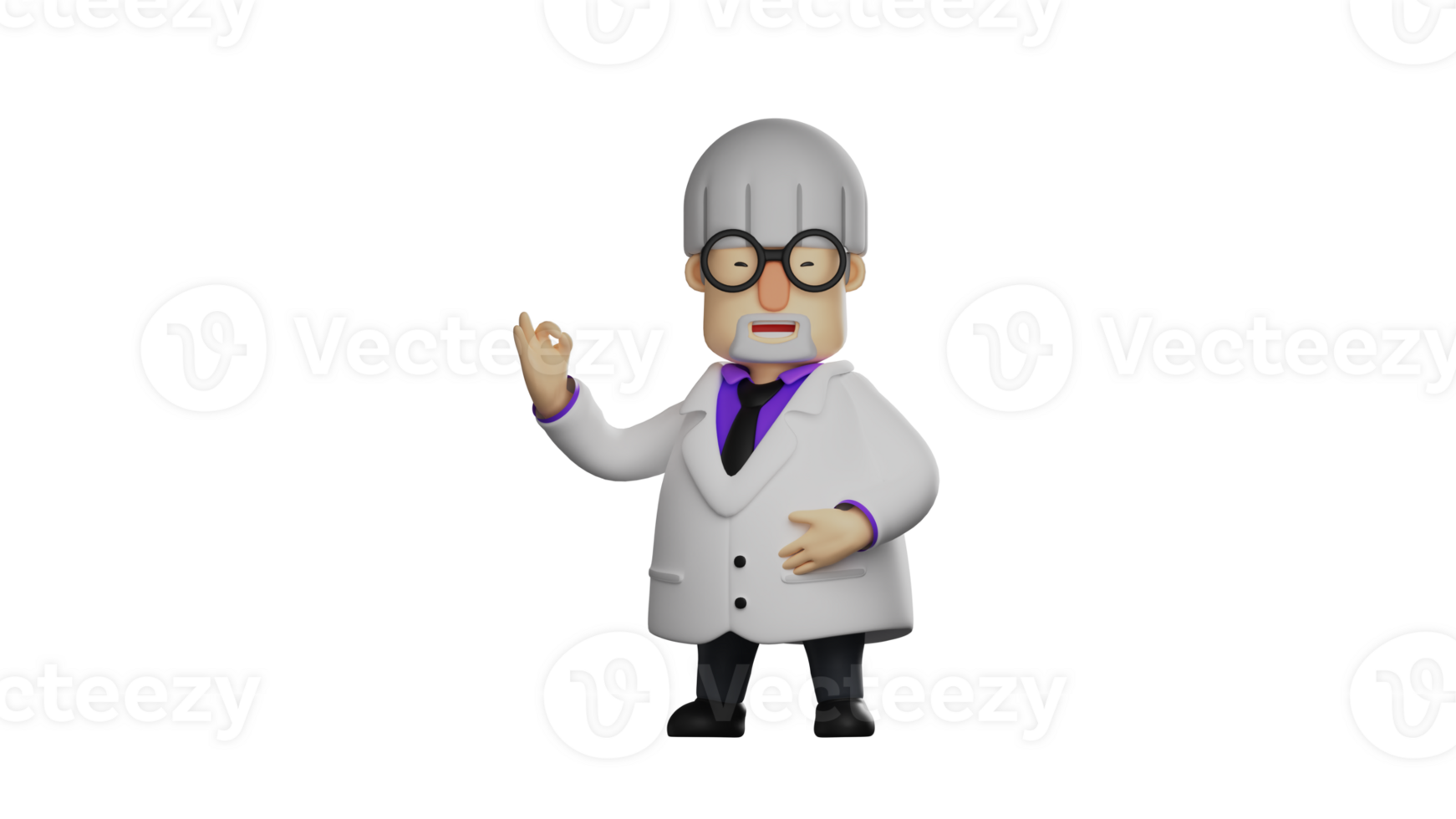 3D illustration. Scientist 3D cartoon character. Scientist wear white coats. Scientist has done his job. The old scientist who showed his cute smile. 3D cartoon character png