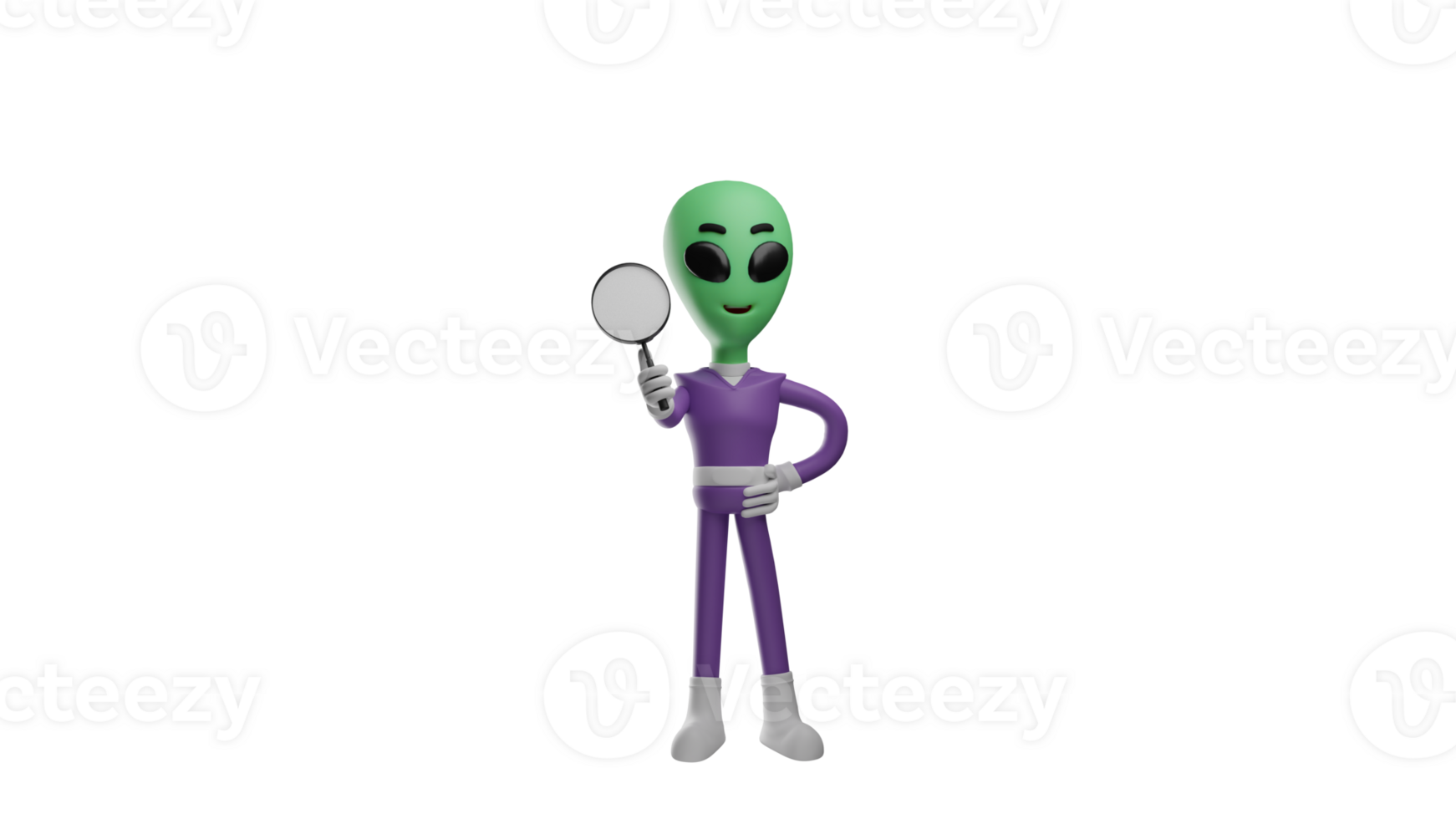 3D illustration. Cool Alien 3D cartoon character. Alien carrying a magnifying glass. Alien has a great curiosity about many things. Alien getting ready to research something. 3D cartoon character png