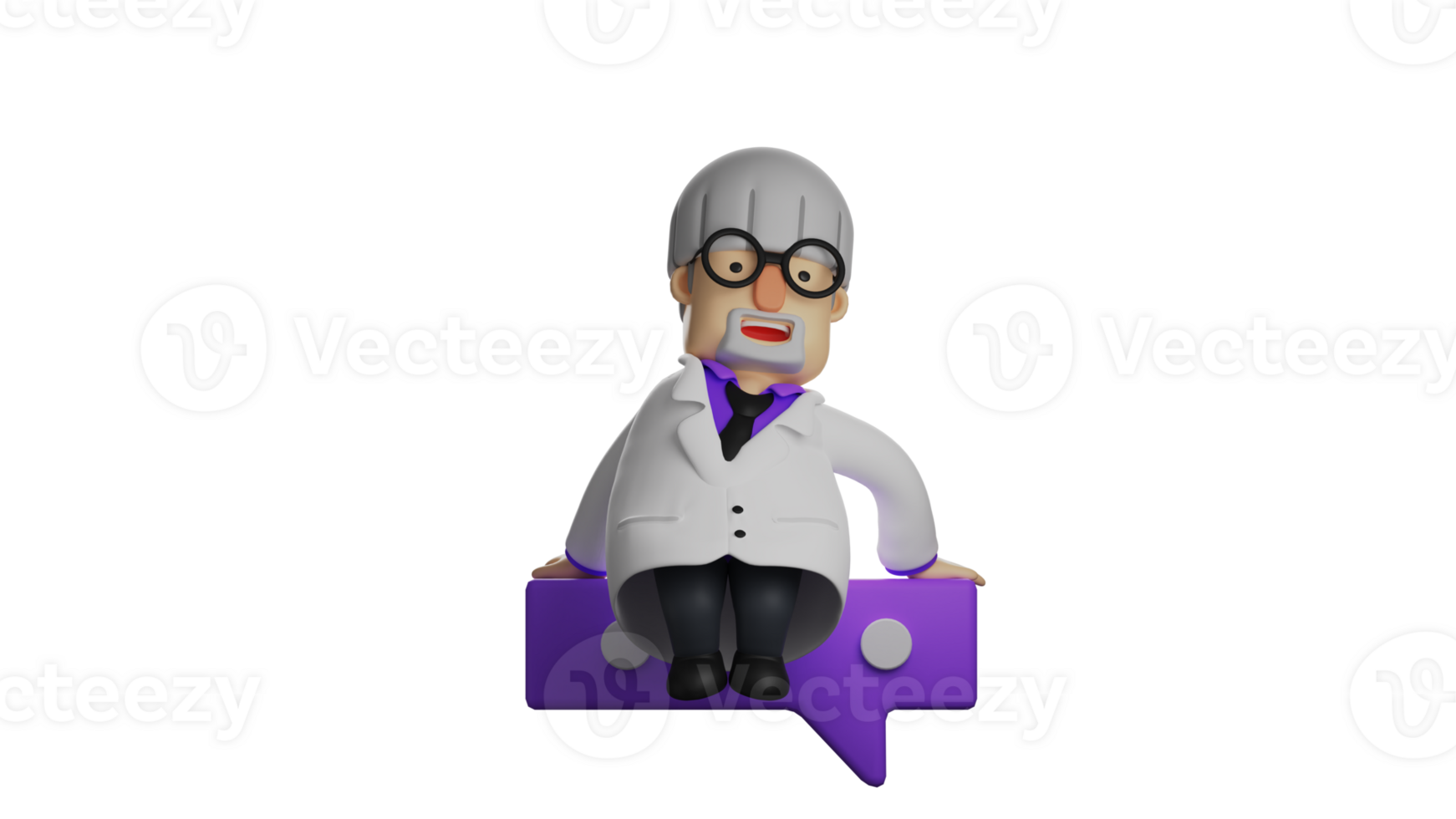 3D illustration. Senior Professor 3D cartoon character. Professor is relaxing enjoying his break time. The old professor sat on the purple symbol with a sweet smile. 3D cartoon character png