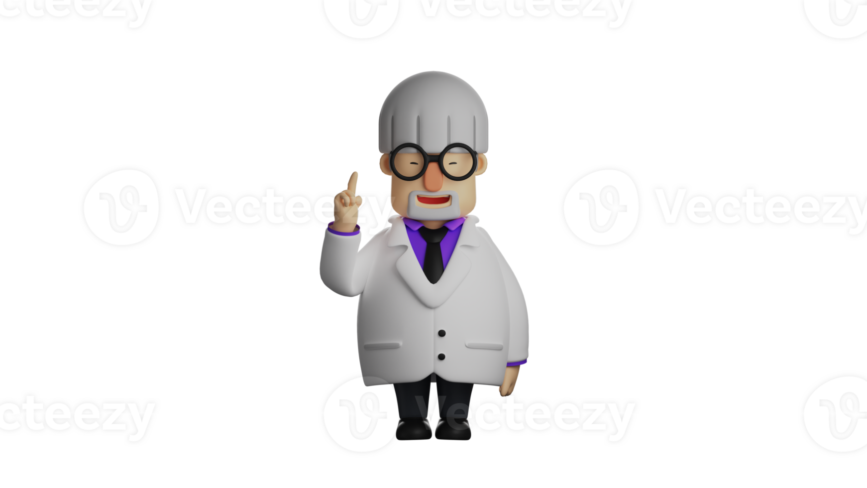 3D illustration. Smart Professor 3D cartoon character. The Professor pointed up. The Professor wears a white coat and shows a sweet expression. 3D cartoon character png