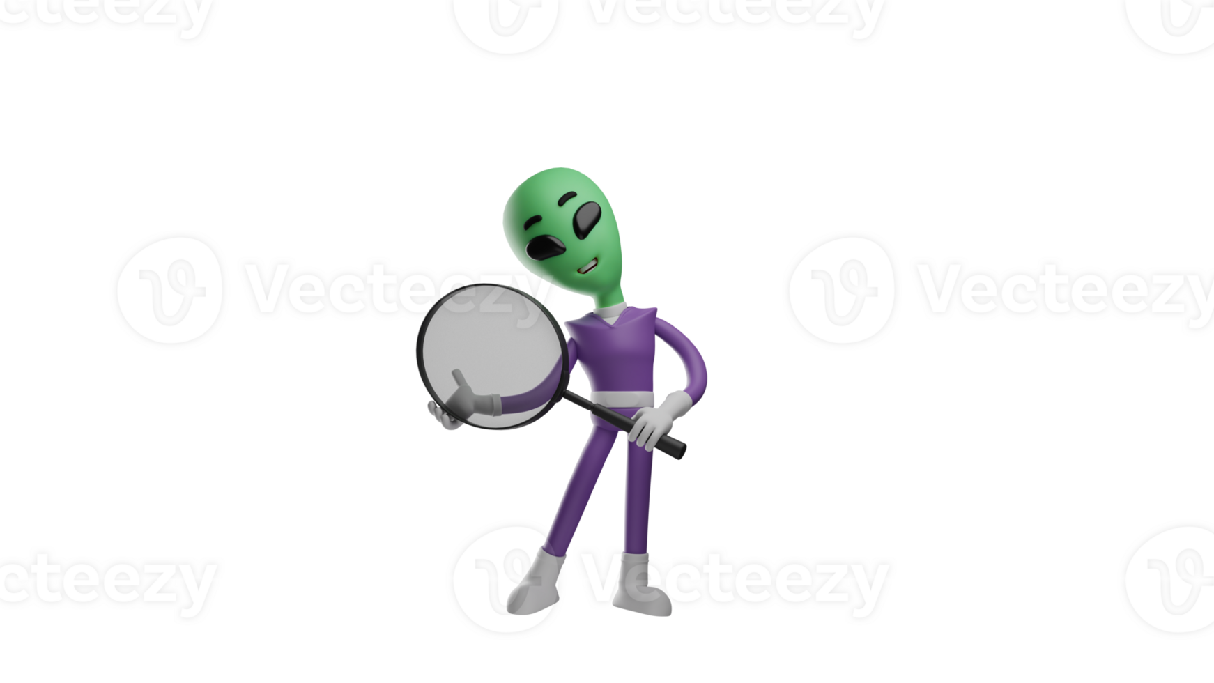 3D illustration. Smart Alien 3D cartoon character. Alien carrying a magnifying glass. The alien will research something he encounters on earth. Aliens have extraordinary thoughts. 3D cartoon character png