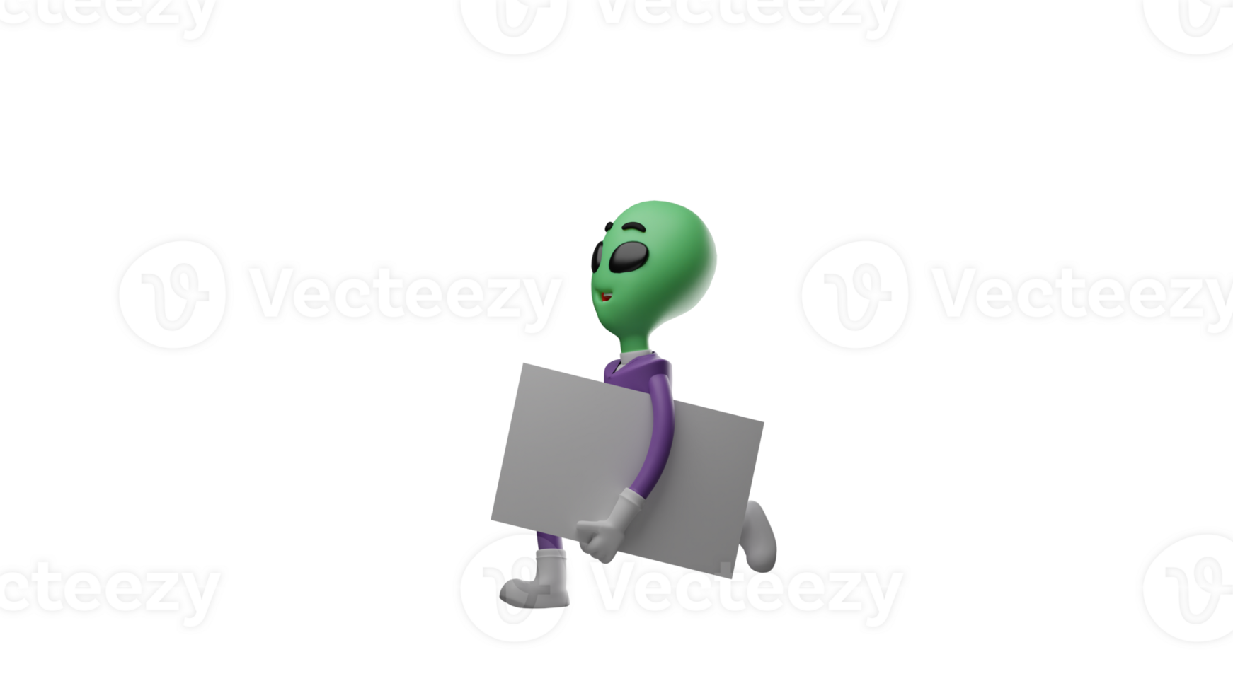 3D illustration. Diligent Alien 3D cartoon character. Aliens bring white paper. Alien with a pose stepping somewhere. The alien shows an excited expression going through the day. 3D cartoon character png