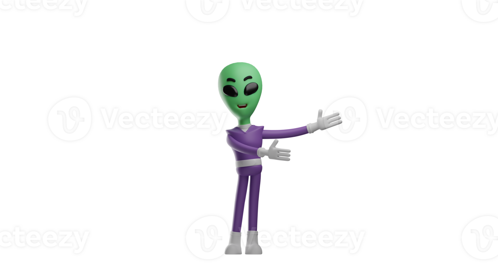 3D illustration. Cheerful Alien 3D cartoon character. Alien with presenting pose. The alien smiled happily. The alien wears a purple costume. 3D cartoon character png