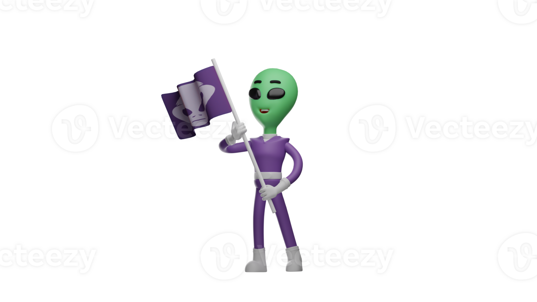 3D illustration. Happy alien 3D cartoon character. The alien smiled sweetly and showed a happy expression. The alien carries a flag with the group's symbol on it. 3D cartoon character png
