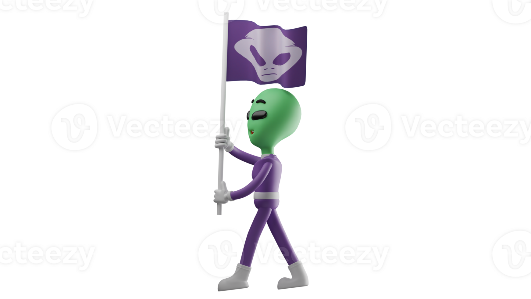 3D illustration. Alien 3D cartoon character. Alien come from outer space. Alien here and there looking for a place to live. Alien carries a flag on his shoulder and looks excited. 3D cartoon character png
