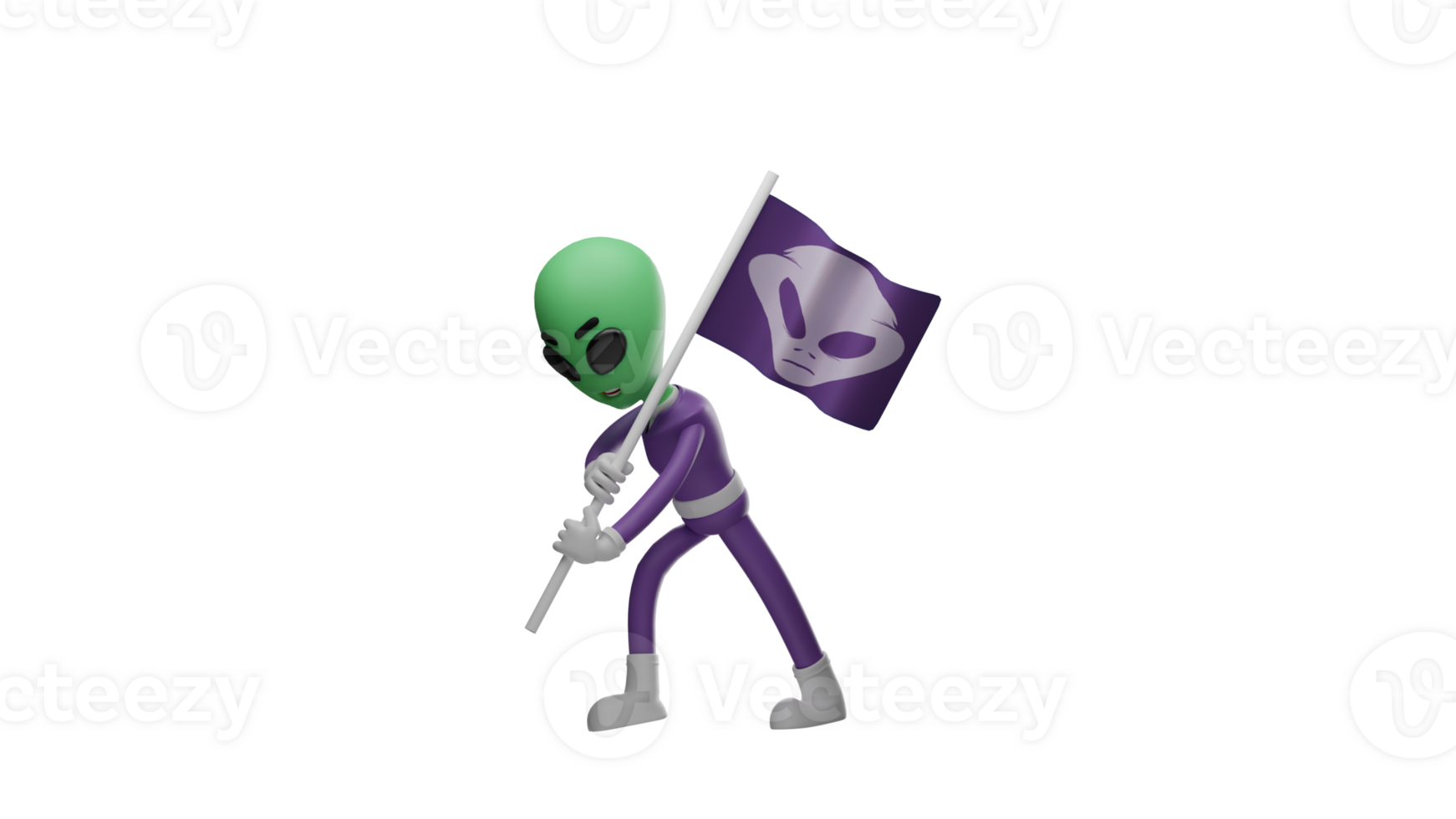 3D illustration. Tired alien 3D cartoon character. Alien holding his proud flag while stepping into a faraway place. The alien showed his exhausted expression. 3D cartoon character png
