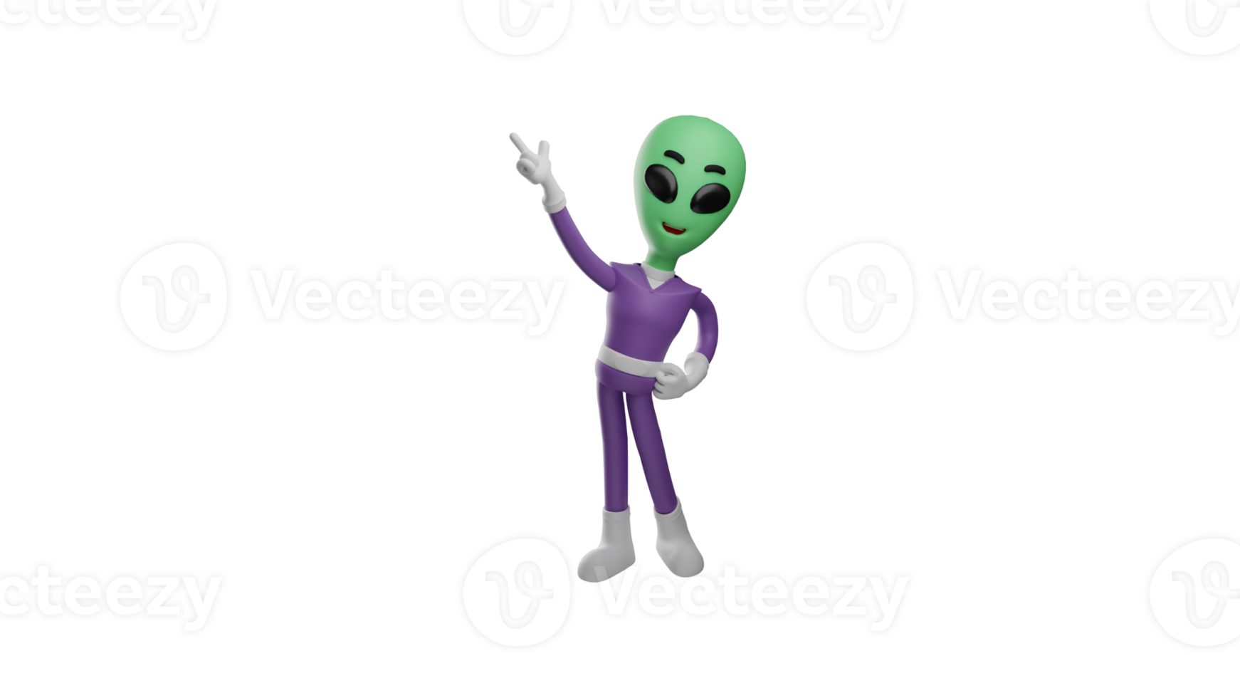 3D illustration. Attractive Alien 3D cartoon character. The alien put one hand on his waist. The alien pointed up using one hand. The aliens look happy. 3D cartoon character png