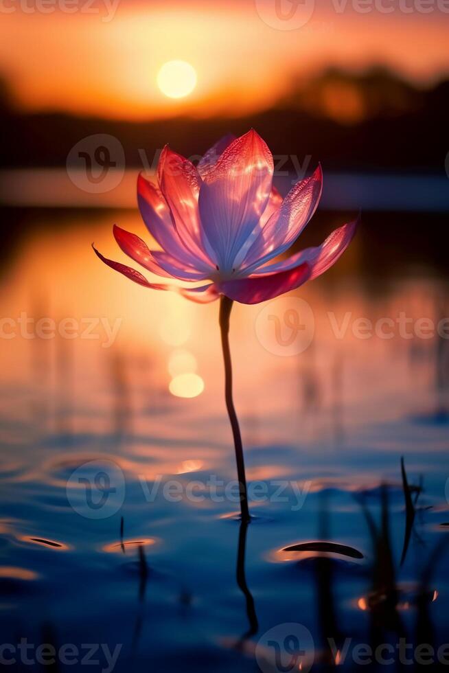 macro fotografía de un épico puesta de sol a un hermosa escénico lago como visto mediante el translúcido pétalo de un flor floreciente en el césped. ai generativo foto