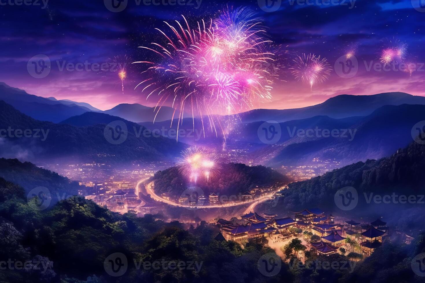 Fireworks on the mountain. photo
