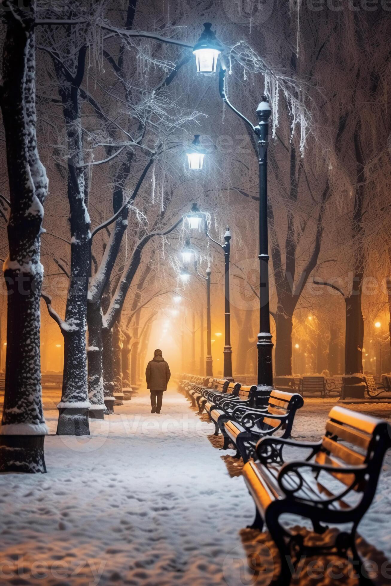 Winter park at night with trees covered with snow, benches and lanterns