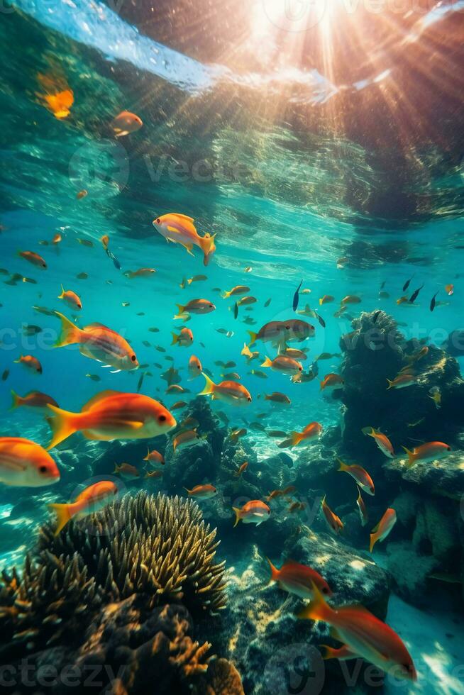 submarino colegio de diverso tropical pescado nadando rápidamente. ai generativo foto