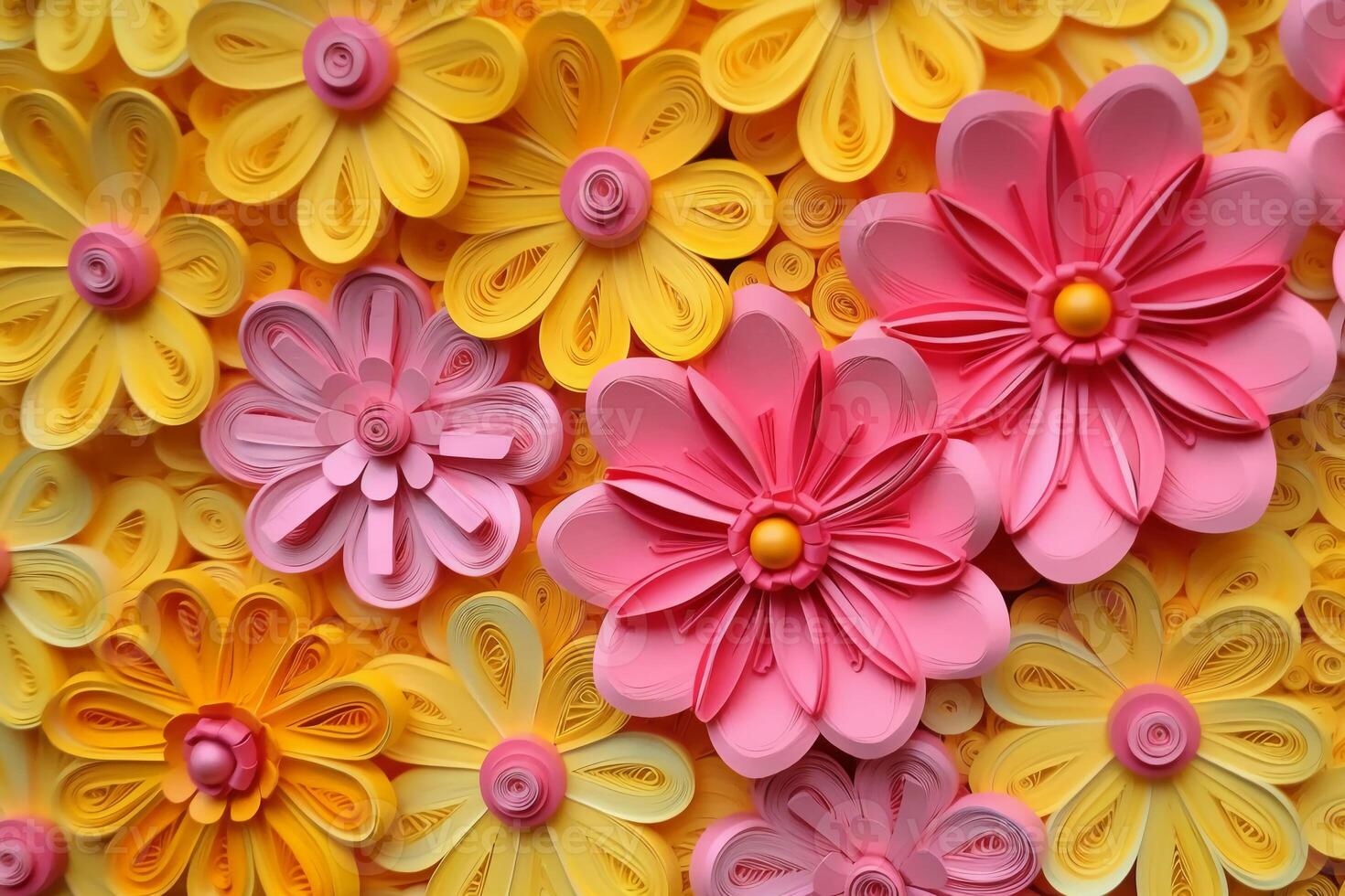 3D yellow and pink flowers layered forms, paper quilting pattern, vibrant colors. photo