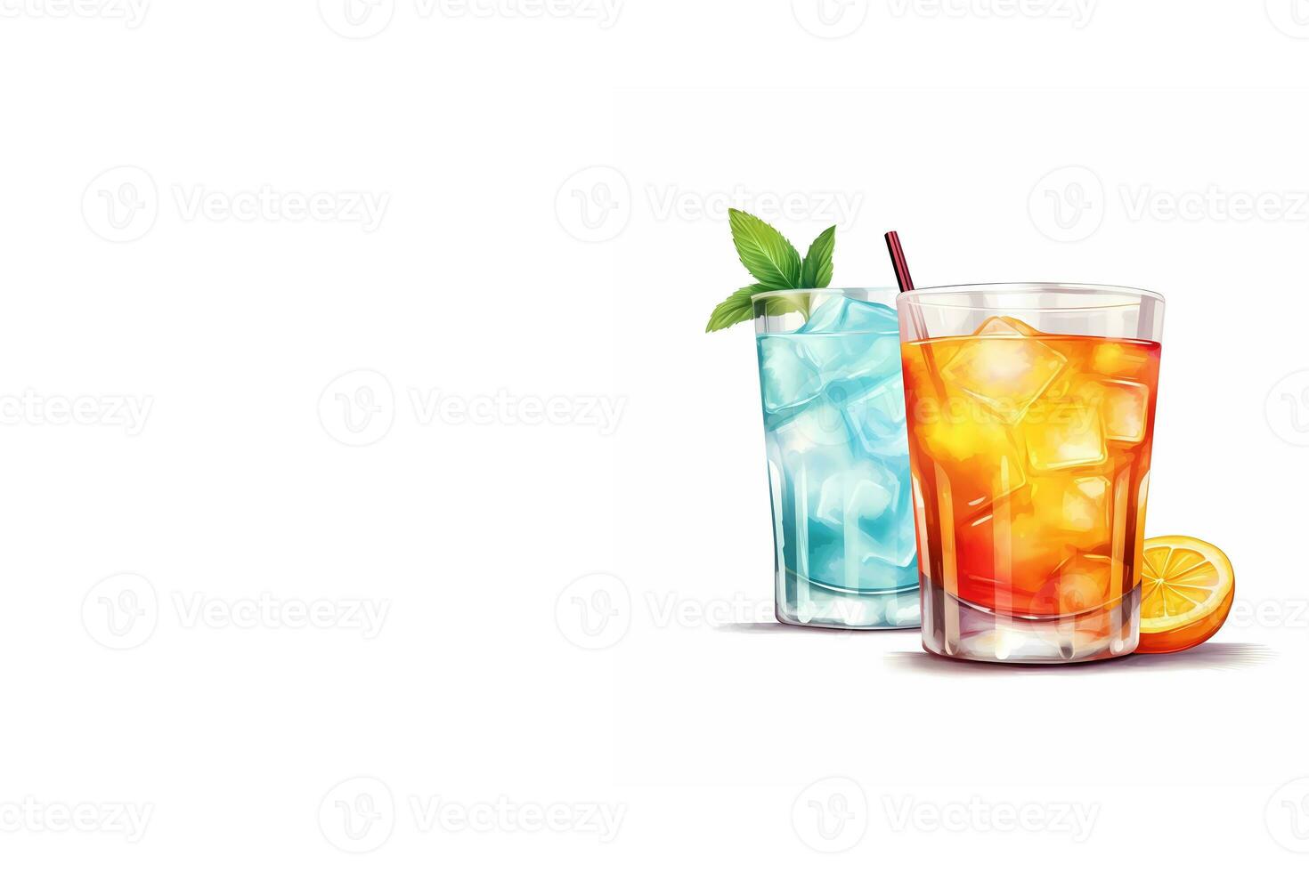 Glasses of fruit drinks with ice cubes, mojito cocktails with strawberry and lime fruits, and a refreshing summer drink. Generate AI photo
