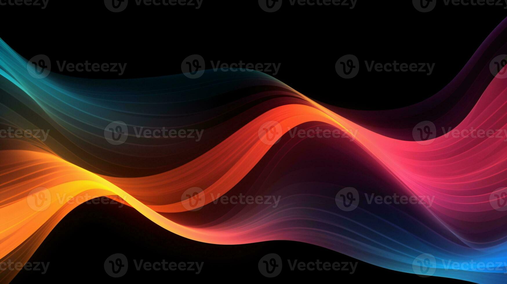 Abstract fluid 3D-rendered holographic iridescent neon curved wave in motion background on the black background. Gradient design element for banners, backgrounds, wallpapers, and covers. generative ai photo