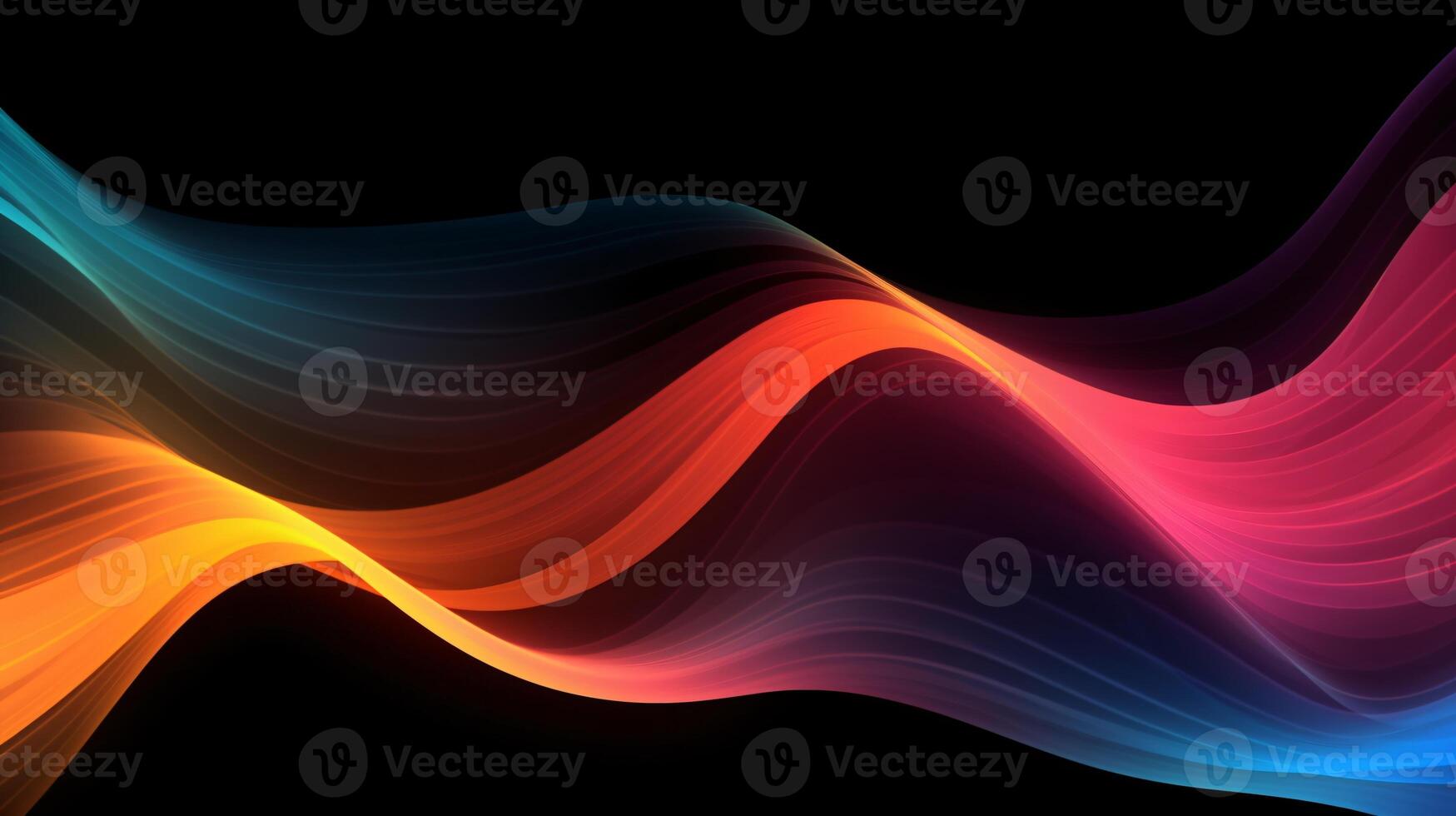 Abstract fluid 3D-rendered holographic iridescent neon curved wave in motion background on the black background. Gradient design element for banners, backgrounds, wallpapers, and covers. photo