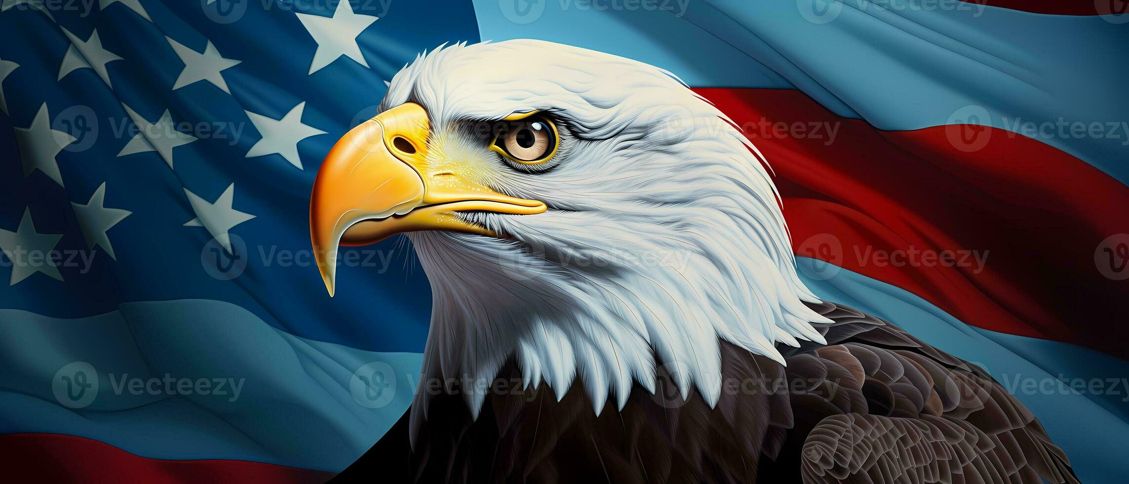 American Bald Eagle Flag Patriotism. Symbolizing American freedom, the majestic Bald Eagle soars high. photo