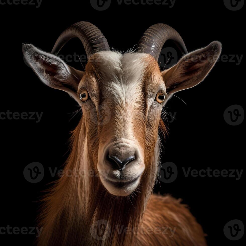 Portrait of a goat face shot, close-up, isolated on black background. photo