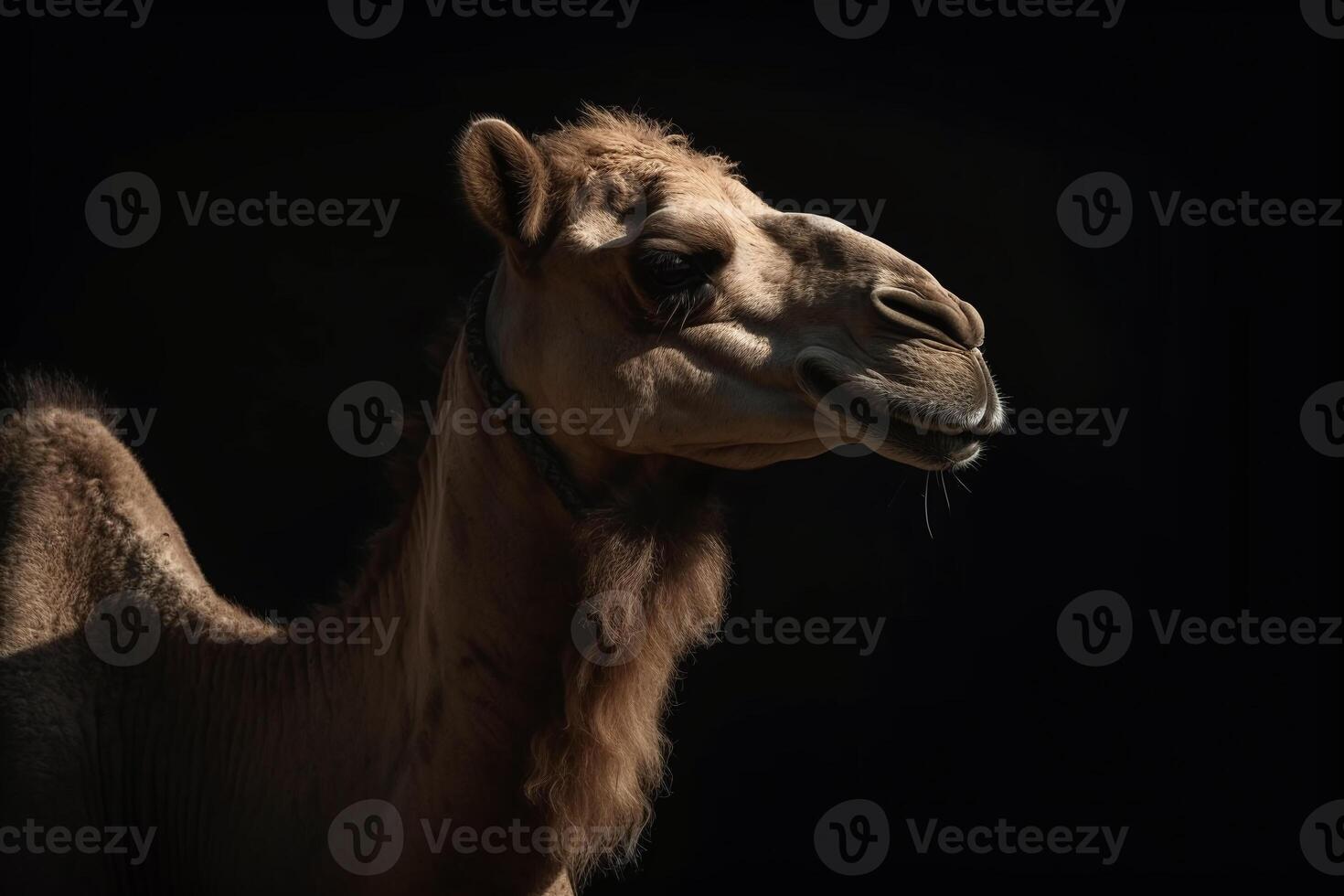 Portrait of a camel face shot, close-up, isolated on black background. photo