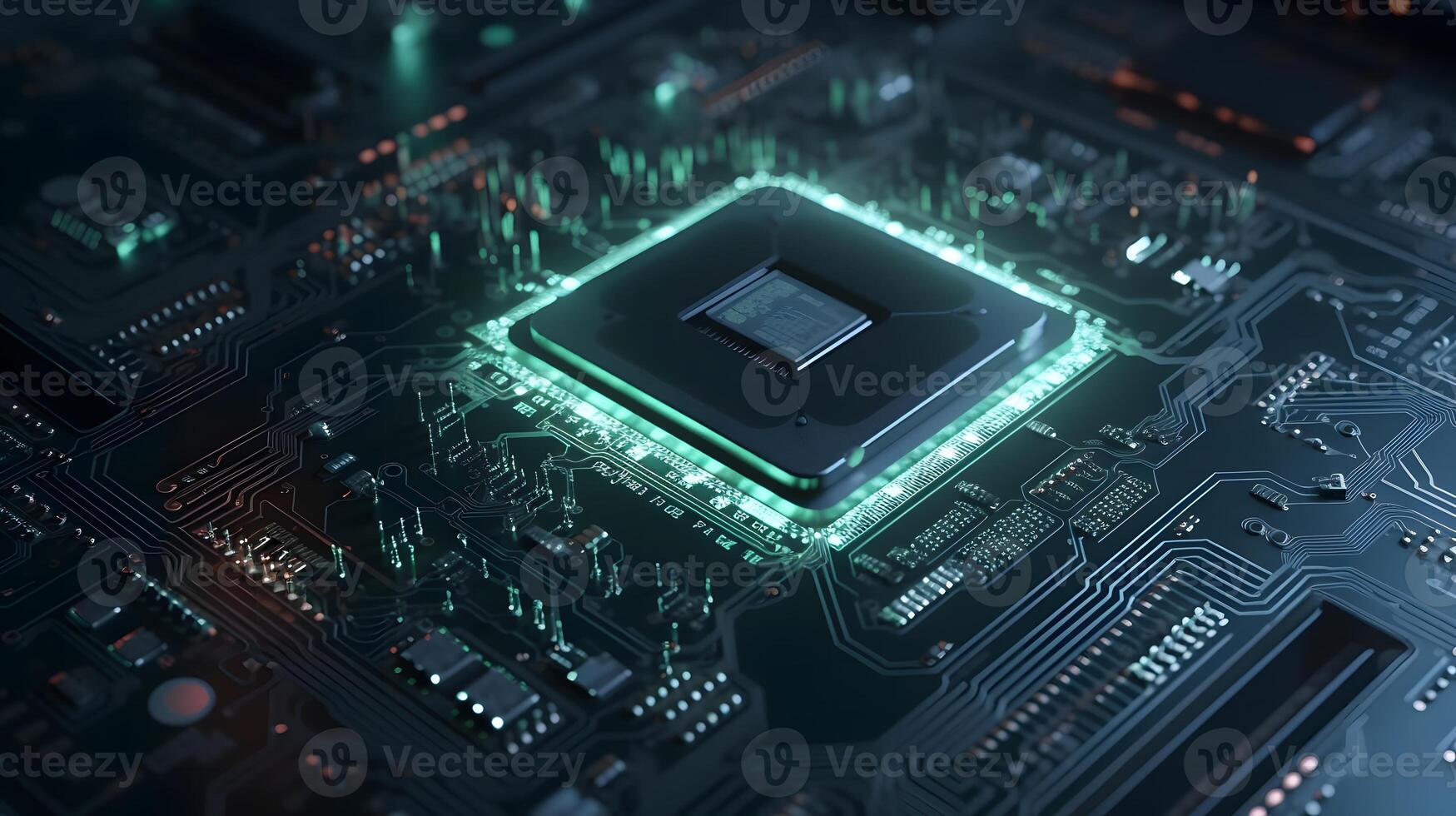 computer circuit board, Electrical components on a cyan glowing print board can be used as wallpaper, posters, and banner designs. generative ai photo