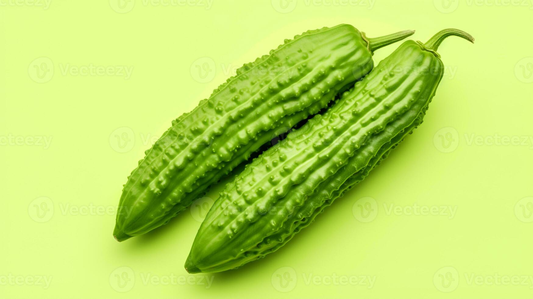 A single bitter gourd on a pastel green background. photo