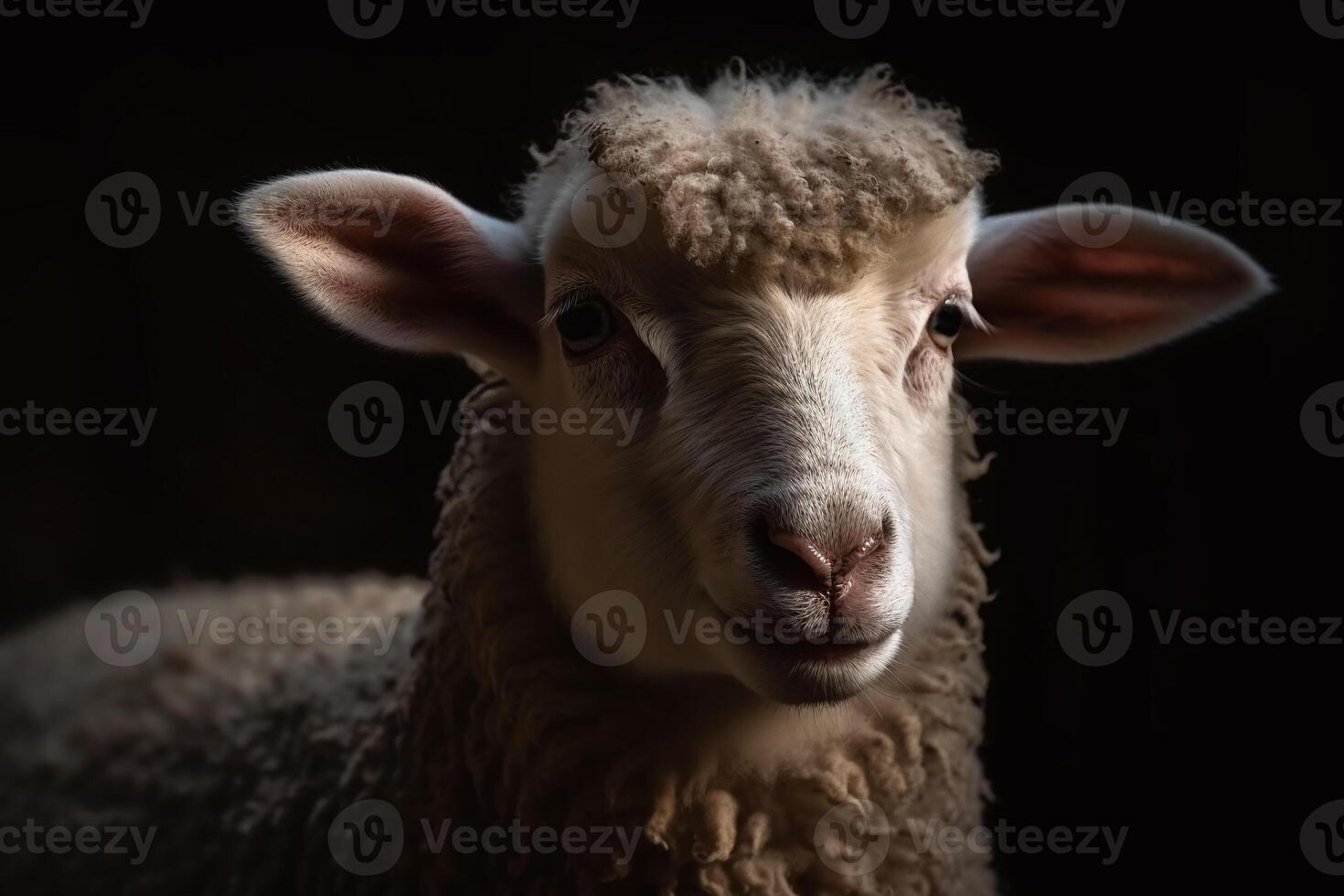 Portrait of a lamb face shot, close-up, isolated on black background. photo