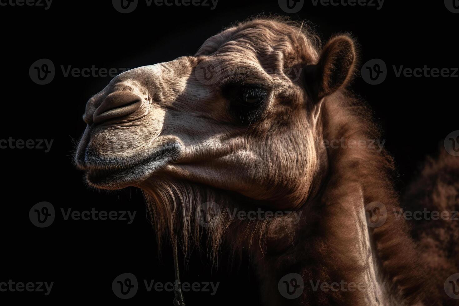 Portrait of a camel face shot, close-up, isolated on black background. photo