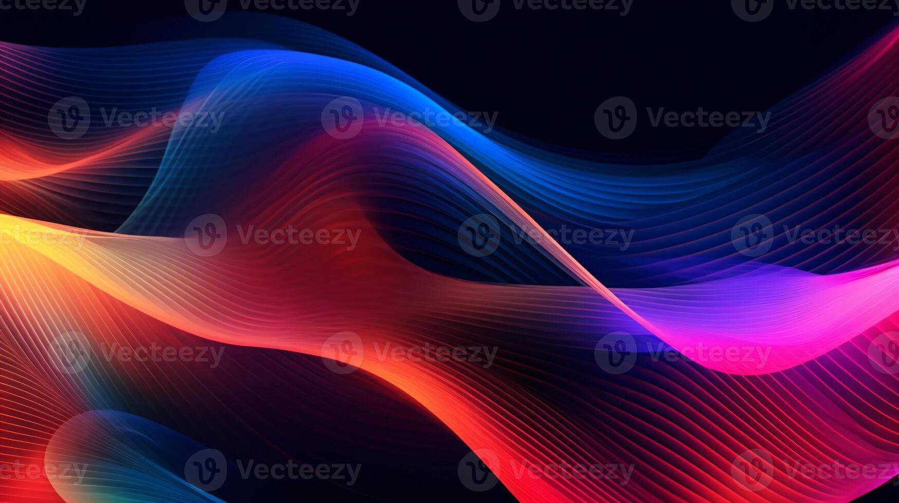 Abstract fluid 3D-rendered holographic iridescent neon curved wave in motion background on the black background. Gradient design element for banners, backgrounds, wallpapers, and covers. photo