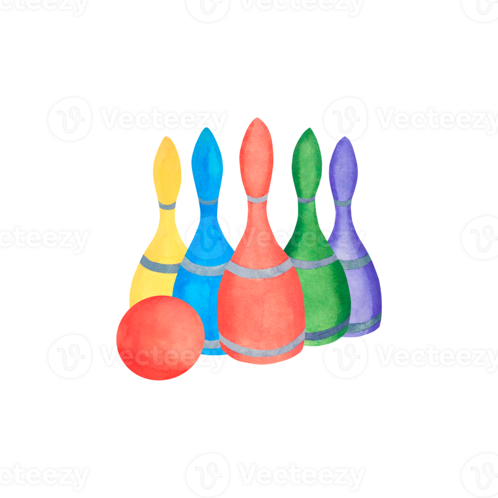 Children's toy. Illustration of a set of skittles. Illustration for children. Separately on a transparent background. Suitable for cards, invitations, banners, notepads, posters, calendars. png