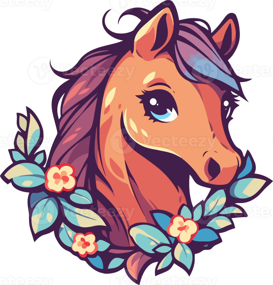 cavalo cabeça com flores e folhas com ai generativo png