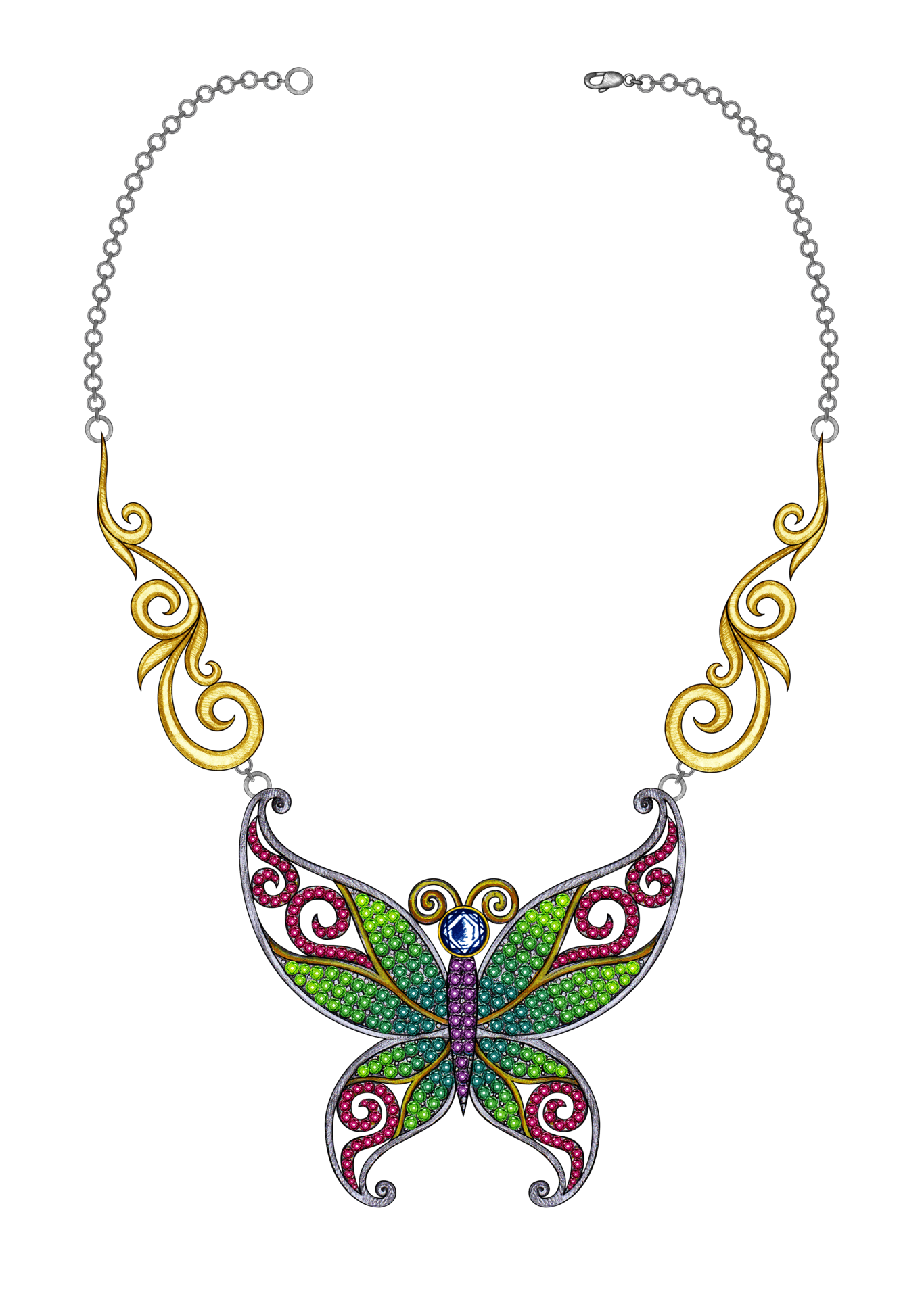 Jewelry design art vintage butterfly necklace. Hand drawing and