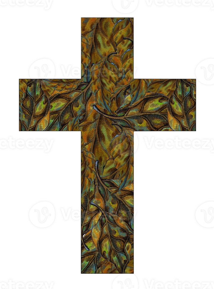 Art fancy leaf in the cross. Hand painting on canvas. png