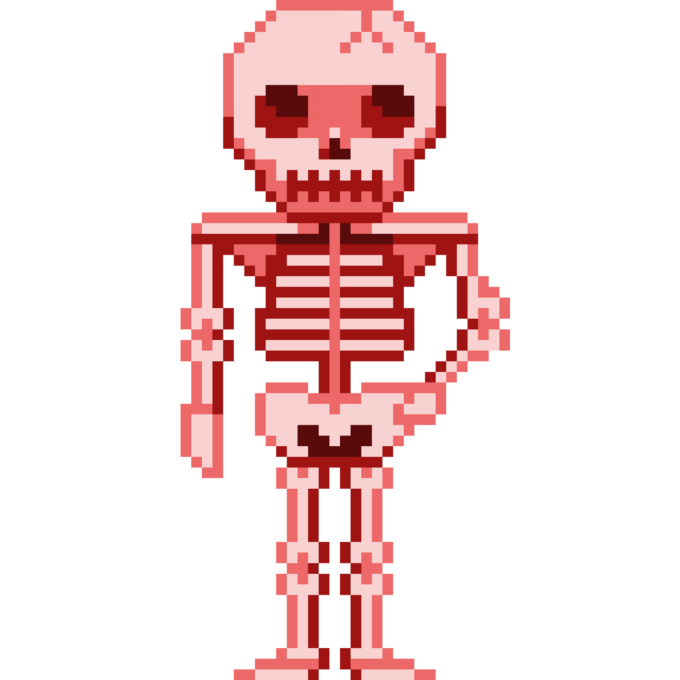 An 8-bit retro-styled pixel-art illustration of a red skeleton. png