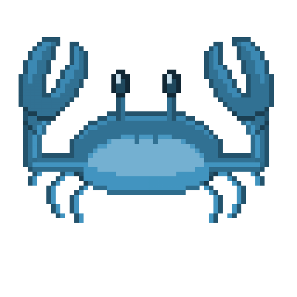 An 8-bit retro-styled pixel-art illustration of a blue pinching crab. png