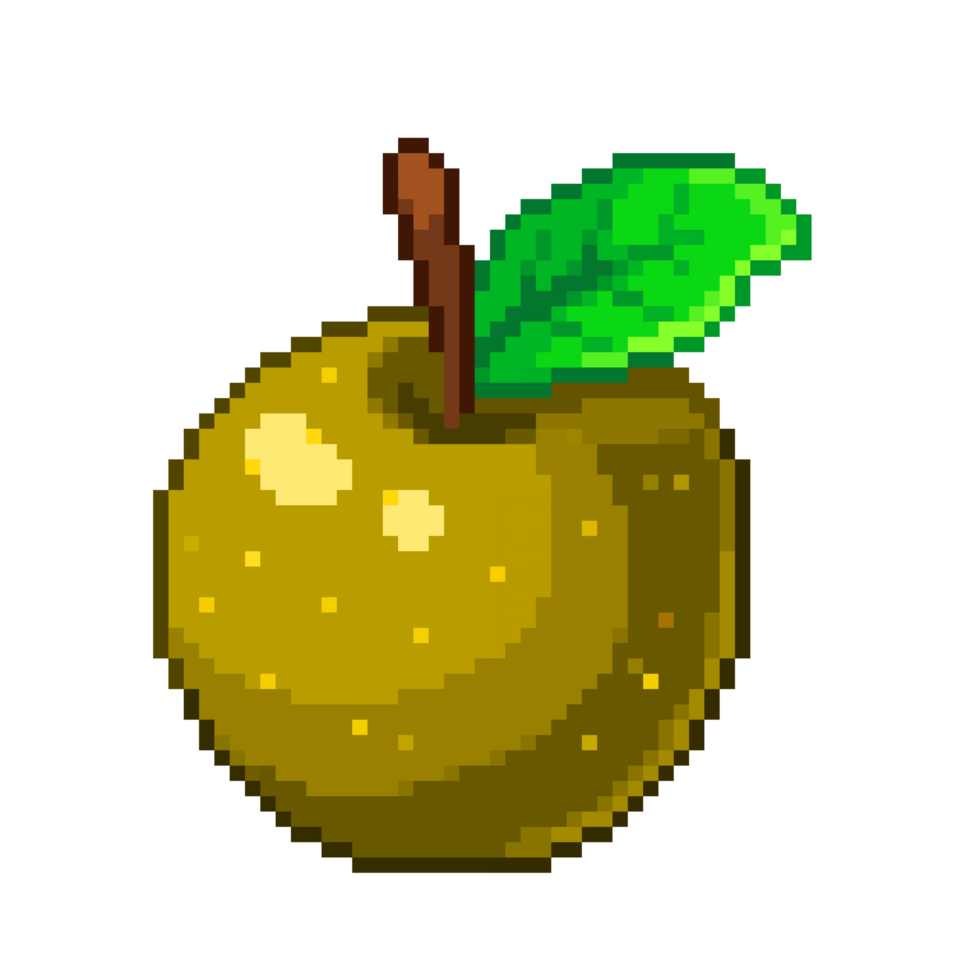 An 8-bit retro-styled pixel-art illustration of a golden apple. png