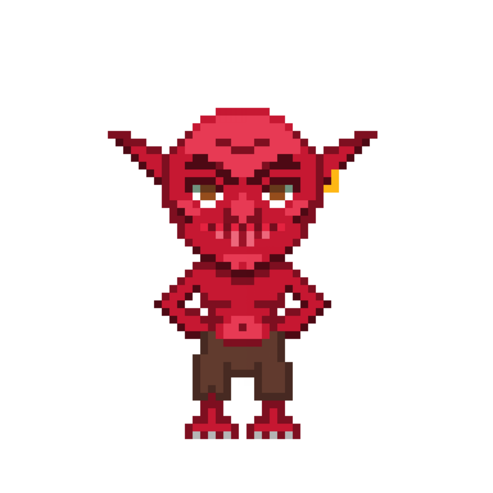An 8-bit retro-styled pixel-art illustration of a red goblin wearing golden earrings and brown trousers. png