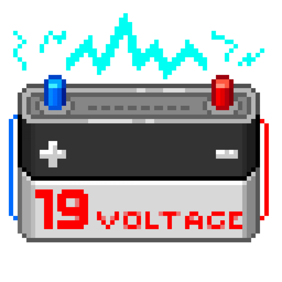 An 8-bit retro-styled pixel-art illustration of a 19 volt battery. png