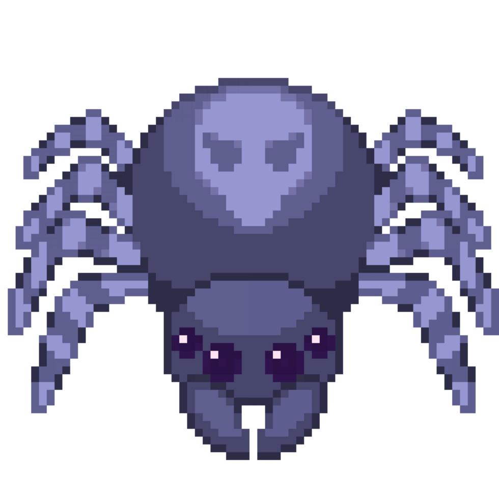 An 8-bit retro-styled pixel-art illustration of a cartoon blue haired tarantula with magenta eyes and an alien icon. png