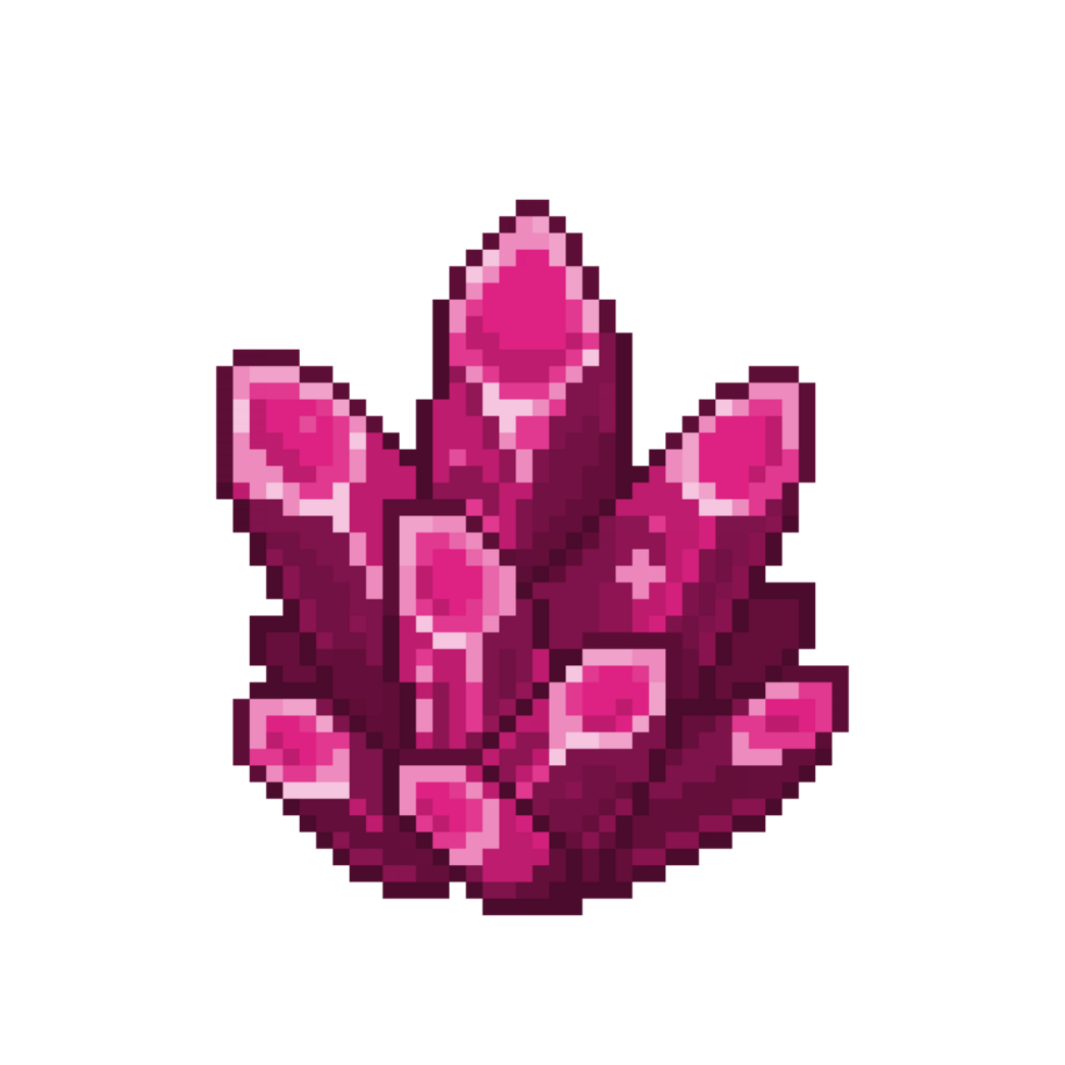 An 8-bit retro-styled pixel-art illustration of a pink crystal. png