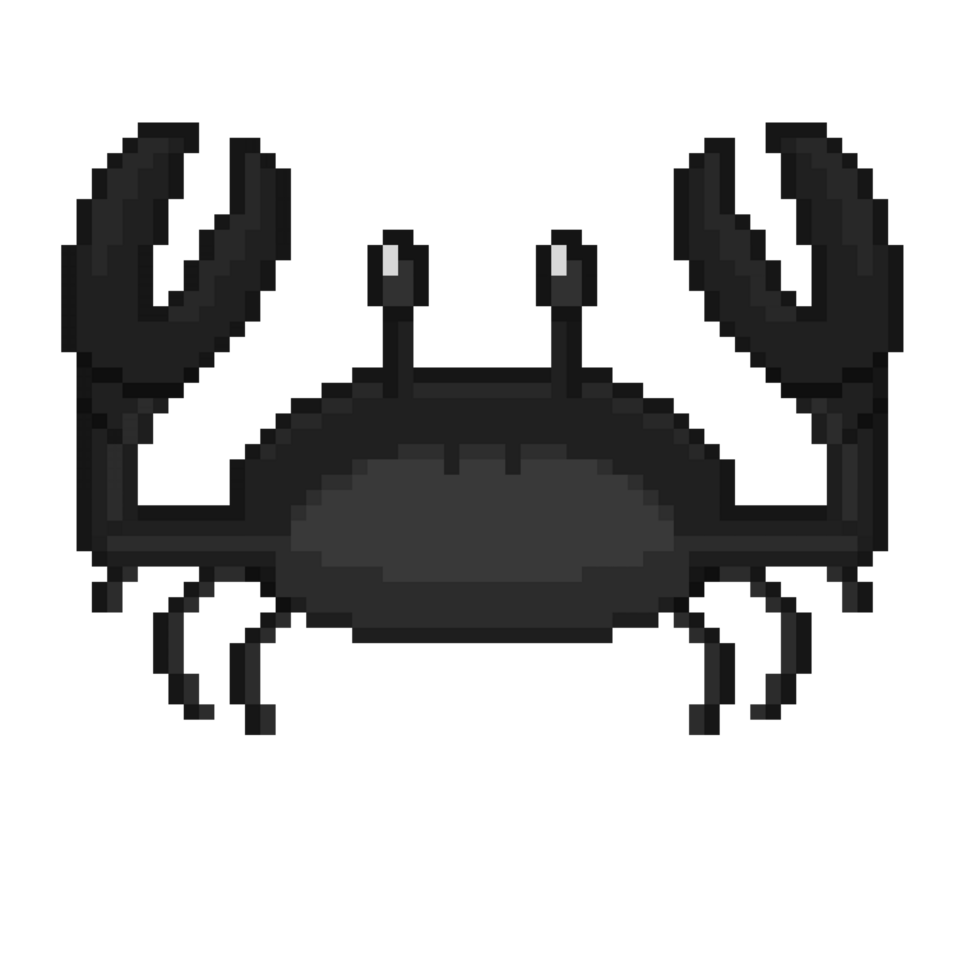 An 8-bit retro-styled pixel-art illustration of a black crab. png